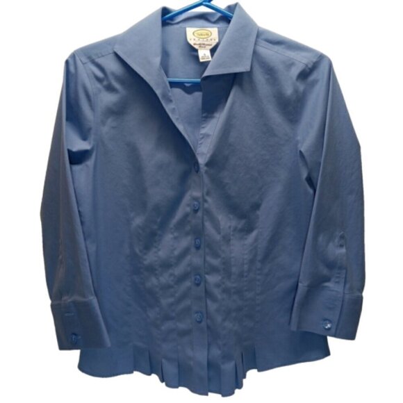 Talbots Button Down Dress Shirt Women's 4P Blue Pleated Front Wrinkle Resistant - Picture 1 of 13